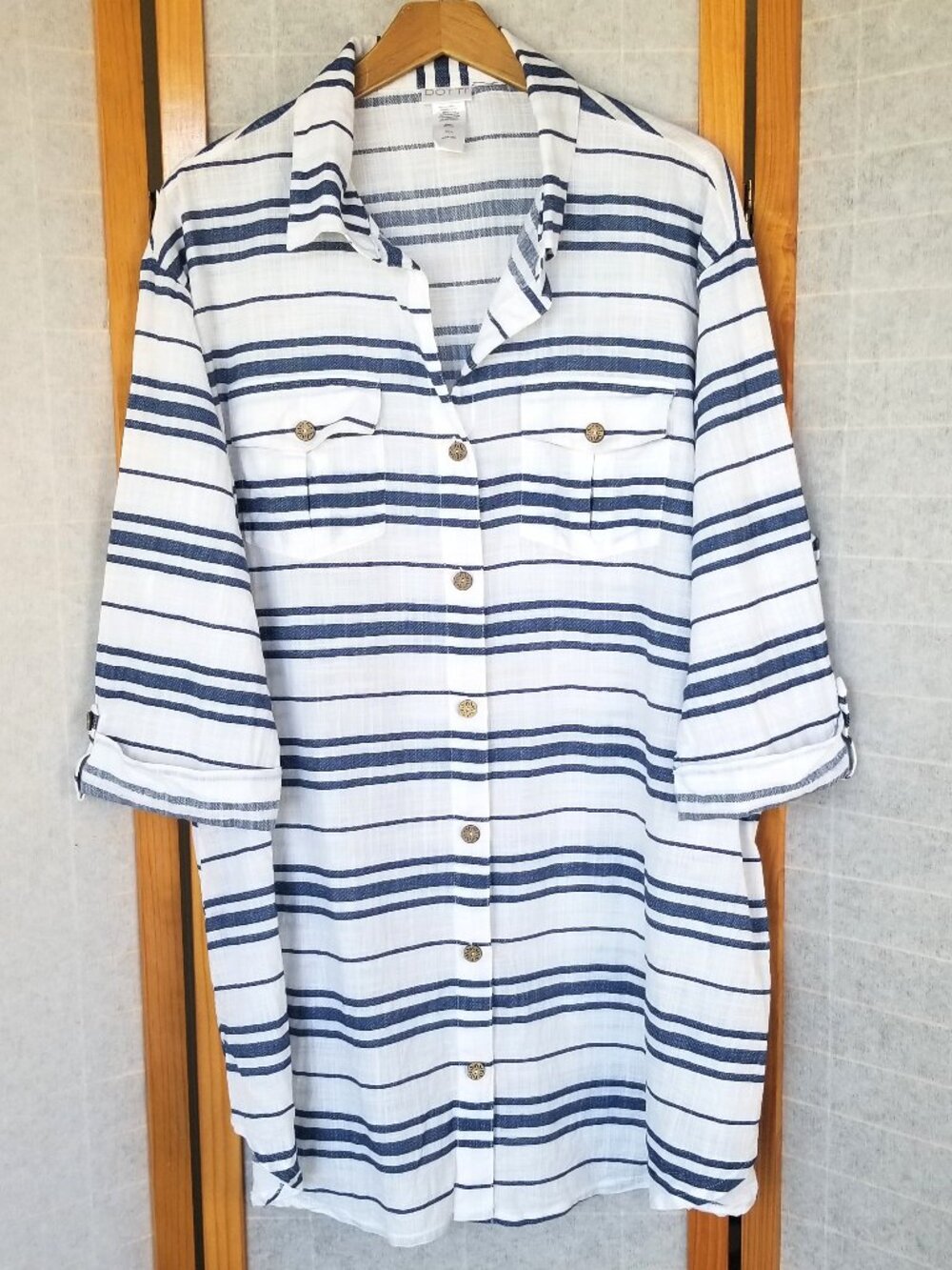 Dotti 100% Cotton Button Up Tunic Top Navy Blue White 3/4 Sleeves